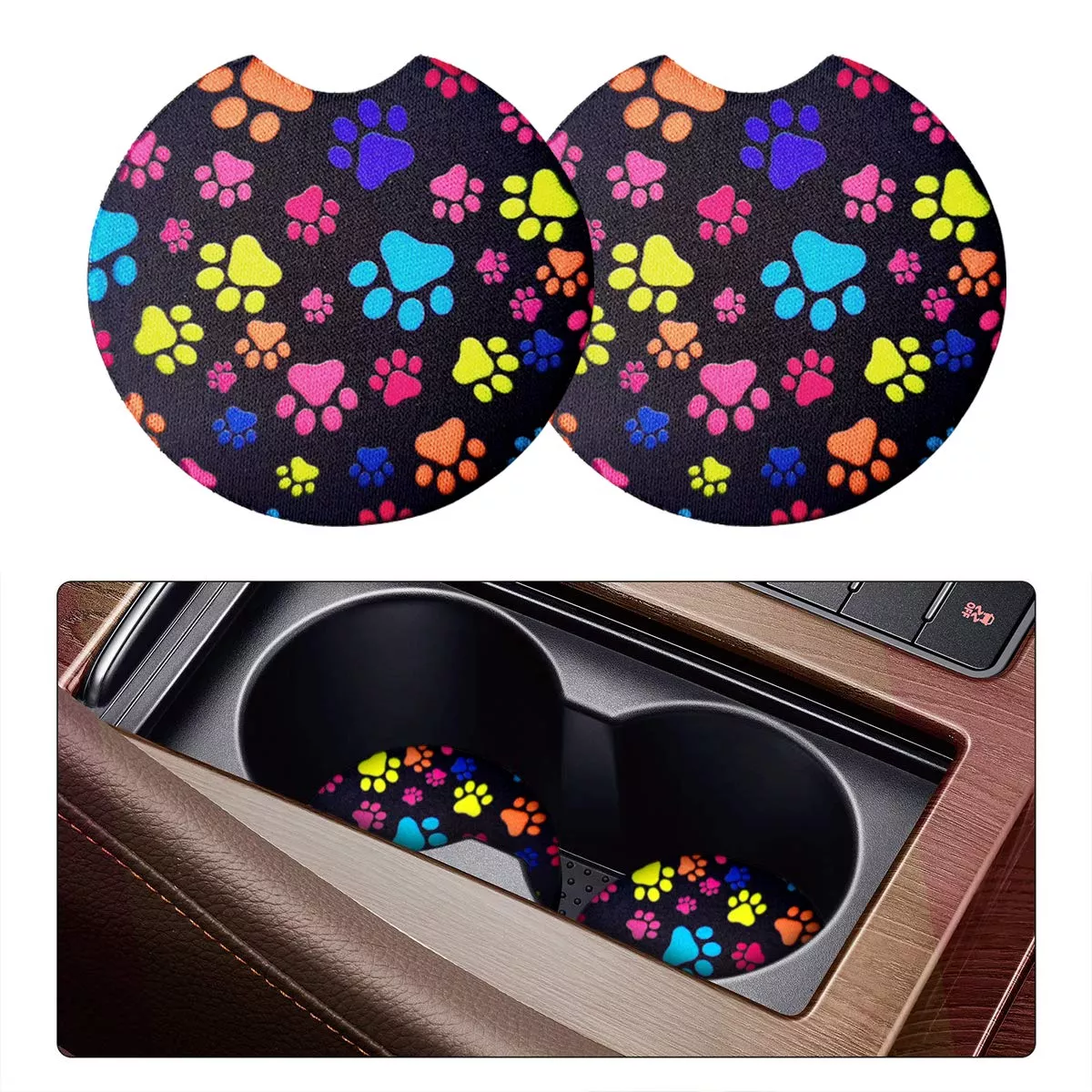 2 Pack Car Coasters For Drinks Absorbent - 2.75 Inch Cute Car Cup Holder Coasters For Women, Removable Cup Holder Coaster For Your Car, Car Interior Accessories For Women & Girls (Cat'S Footprints)