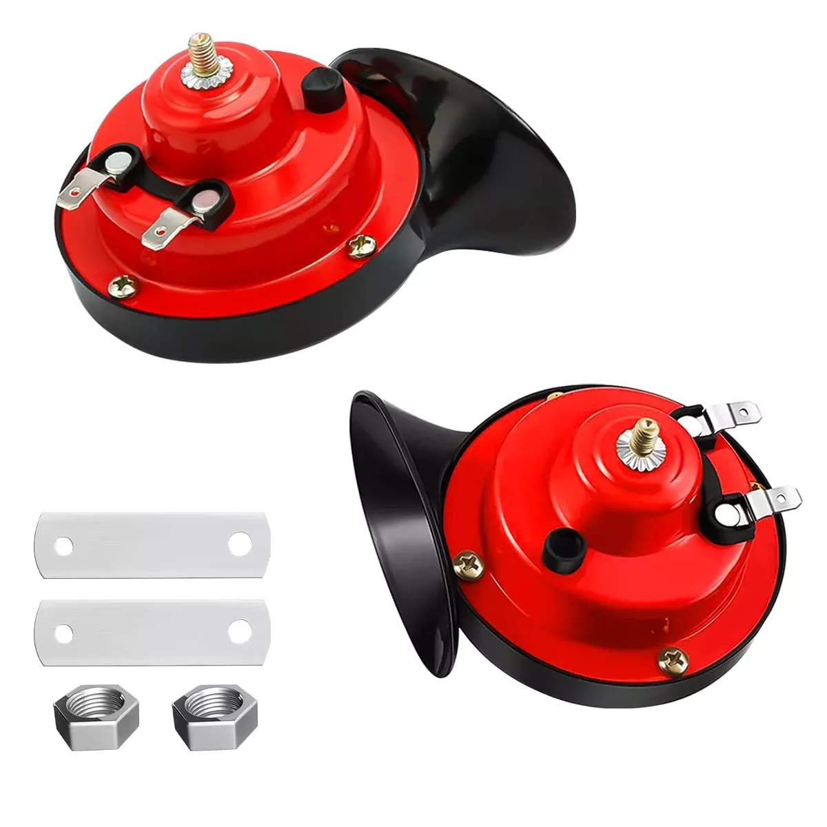 2Pcs 300Db Super Loud Train Horns, 12V Waterproof Air Horns Replacement Kit, Car Air Electric Snail Double Horn, Automotive Accessories Universal For Car, Motorcycle, Truck, Bike, Boat (Red)