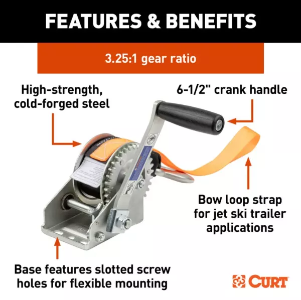 900lb. Hand Crank Winch with 15′ Strap & Bow Loop