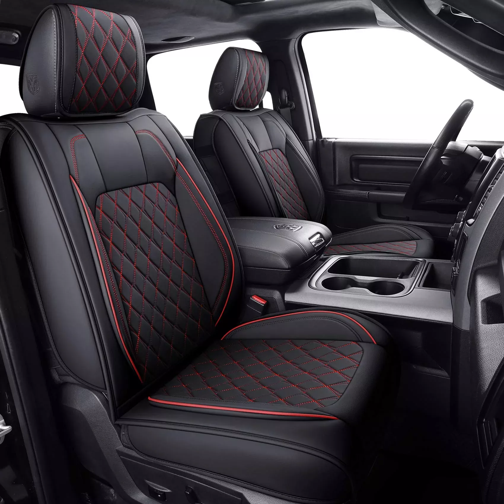 Aierxuan Dodge Ram Car Seat Covers Full Set Waterproof Leather Custom Fit 2009-2024 1500, 2010-2024 2500/3500 Crew Quad Regular Cab Truck Pickup With Split Bench 60/40(Full Set/Black-Red)