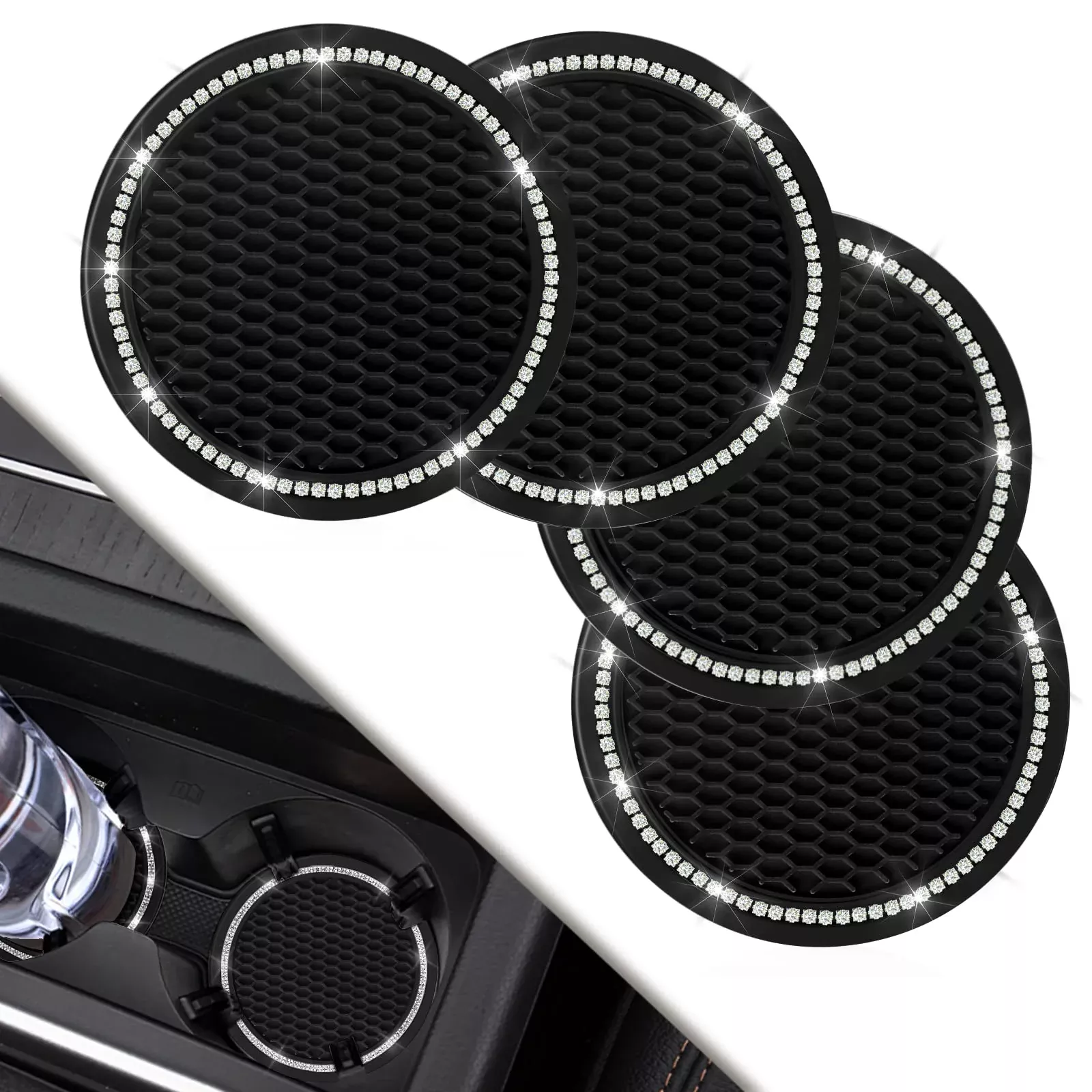 Car Coasters, 4 Pack Universal Vehicle Bling Car Coaster, Cocases Crystal Rhinestone Coaster For Cup Holders, Car Interior Accessories 2.75'' Silicone Anti Slip Car Coasters For Women ( Black )