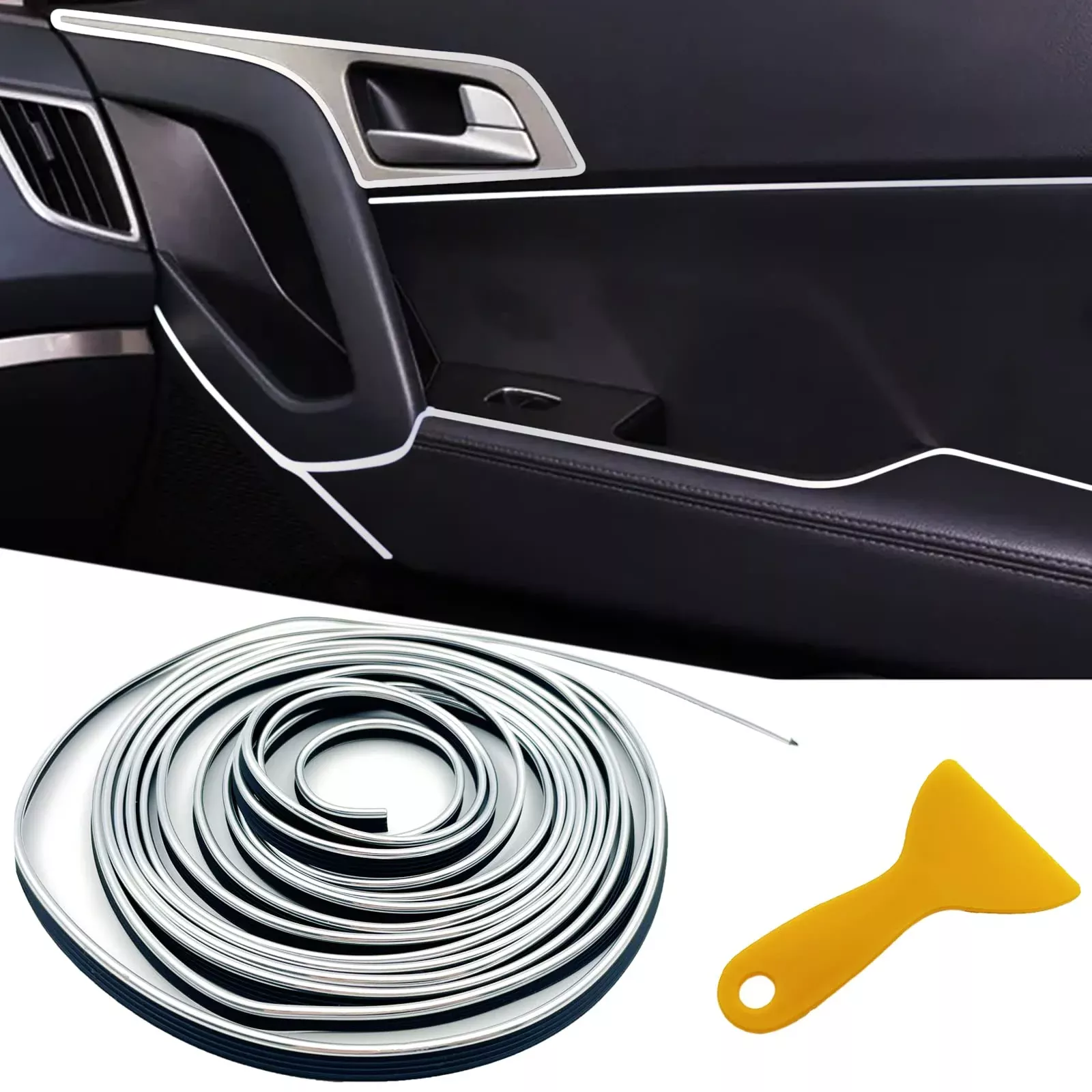 Car Interior Trim Strips,Universal 33Ft Car Electroplating Decoration Styling Door Dashboard, Flexible Interior Trim Accessories With Installing Tool(Silver)
