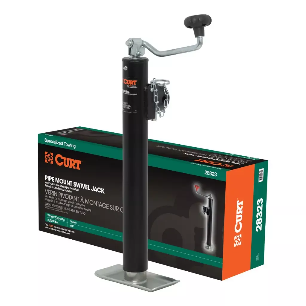 CURT 28323 Pipe-Mount Swivel Jack with Top Handle (2,000 lbs, 15" Travel, Packaged)
