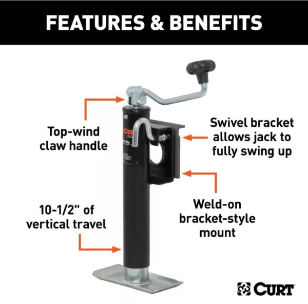 Curt Bracket Mount Swivel Jack with Top Handle – 2,000lbs Lift Capacity, 10″ Travel