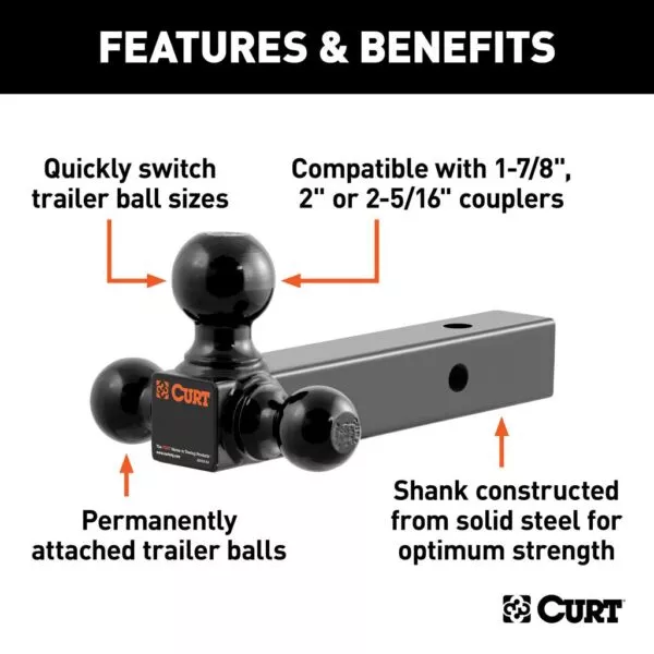 Curt – Multi-Ball Mount for 2″ Hitches – Solid, Black Powder Coated Shank