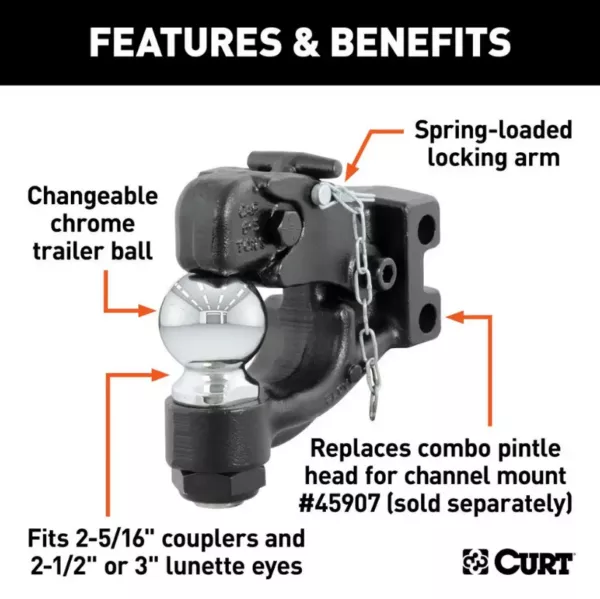 Curt Replacement Channel Mount Ball & Pintle Hitch – 2-5/16″ ball, 13k lbs