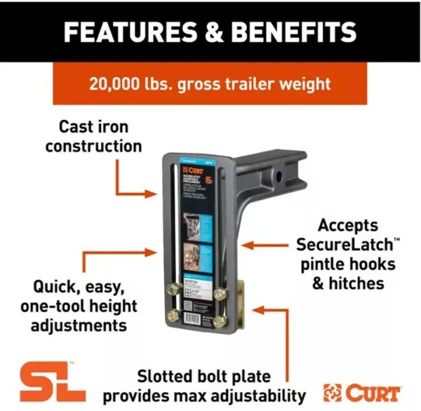 Curt – SecureLatch Adjustable Pintle Mount – 20K lbs, 2.5″ shank