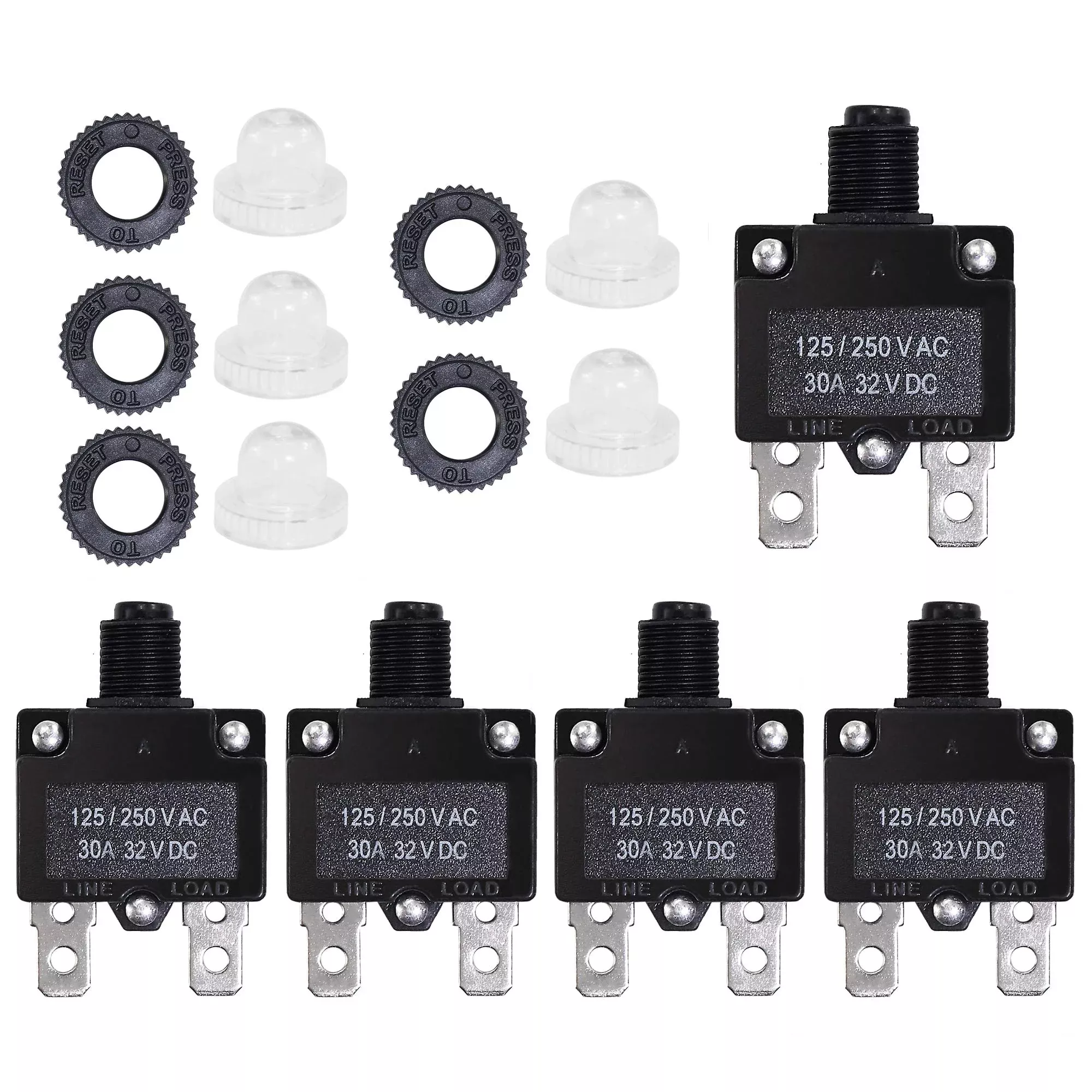 Fuzbaxy 5Pcs 30Amp Circuit Breakers With Manual Reset 32Vdc,Ac125-250V With Quick Connect Terminals
