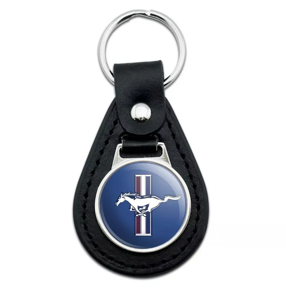 GRAPHICS & MORE Black Leather Ford Mustang Logo Keychain - One Size, Durable Leather/Metal Material