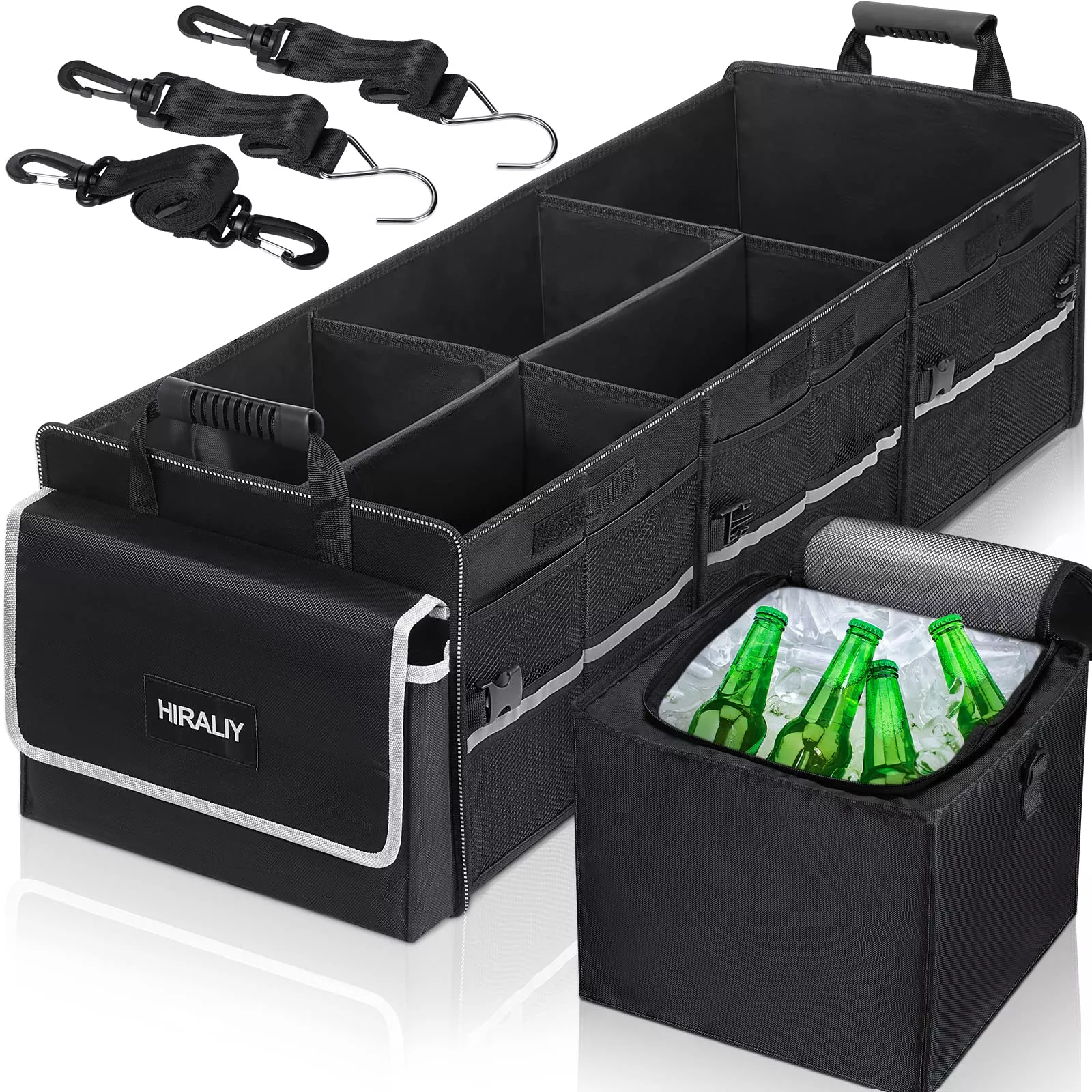 Hiraliy 4 In 1 Car Trunk Storage Organizer, Multi Compartment Collapsible Trunk Storage Box With Leakproof Insulated Bag For Car Truck Suv