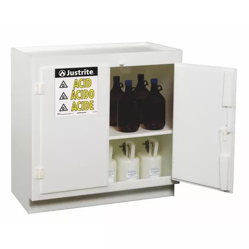 Justrite White Solid Polyethylene Cabinets for Acids - 2 Door Stand Alone -Thirty-six 2.5 liter bottles