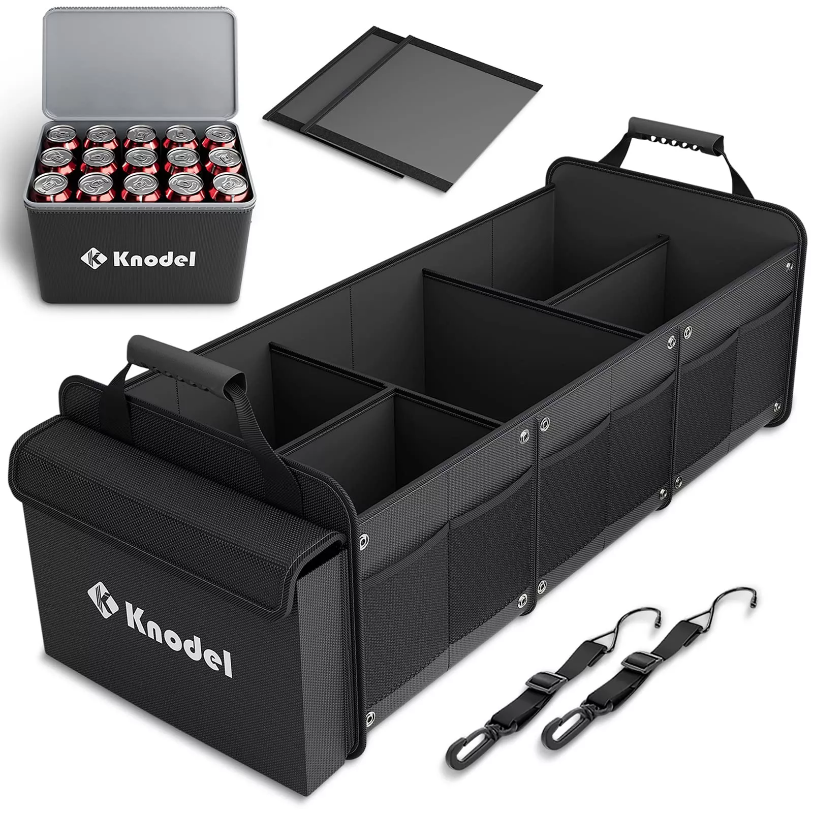 K Knodel Extra Large 3 Compartments Trunk Organizer Heavy Duty For Car, Suv With Cooler Bag, 2 Adjustable Securing Straps (4-In-1, Black)