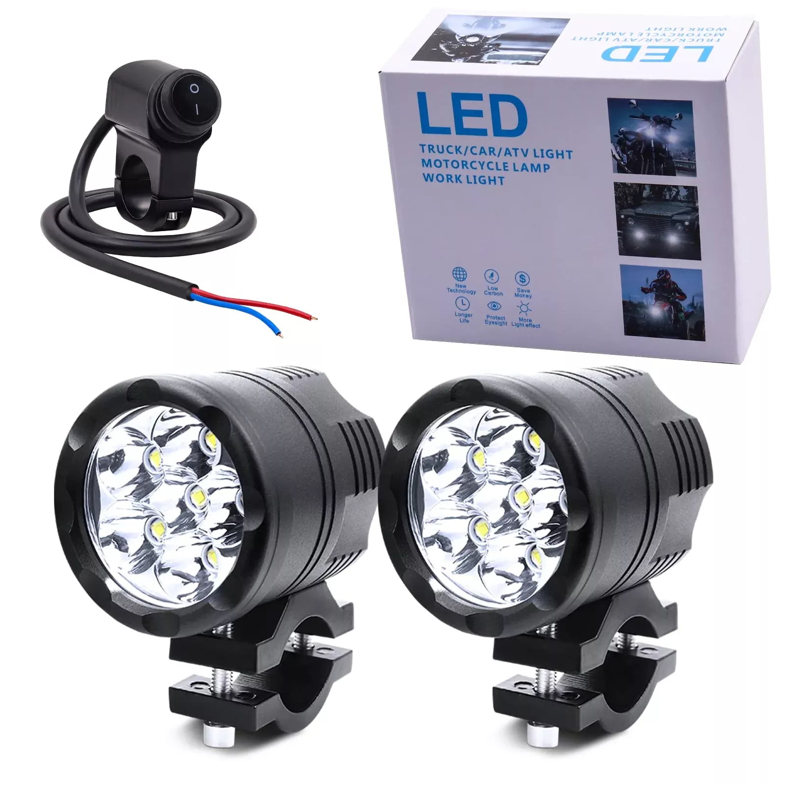 Led Motorcycle Auxiliary Light Kit White,Universal 2Pcs 6X10W Motorcycle Spotlight 12V 24V Motorbike Fog Driving Light With 22Mm Motorcycle Handlebar Switch