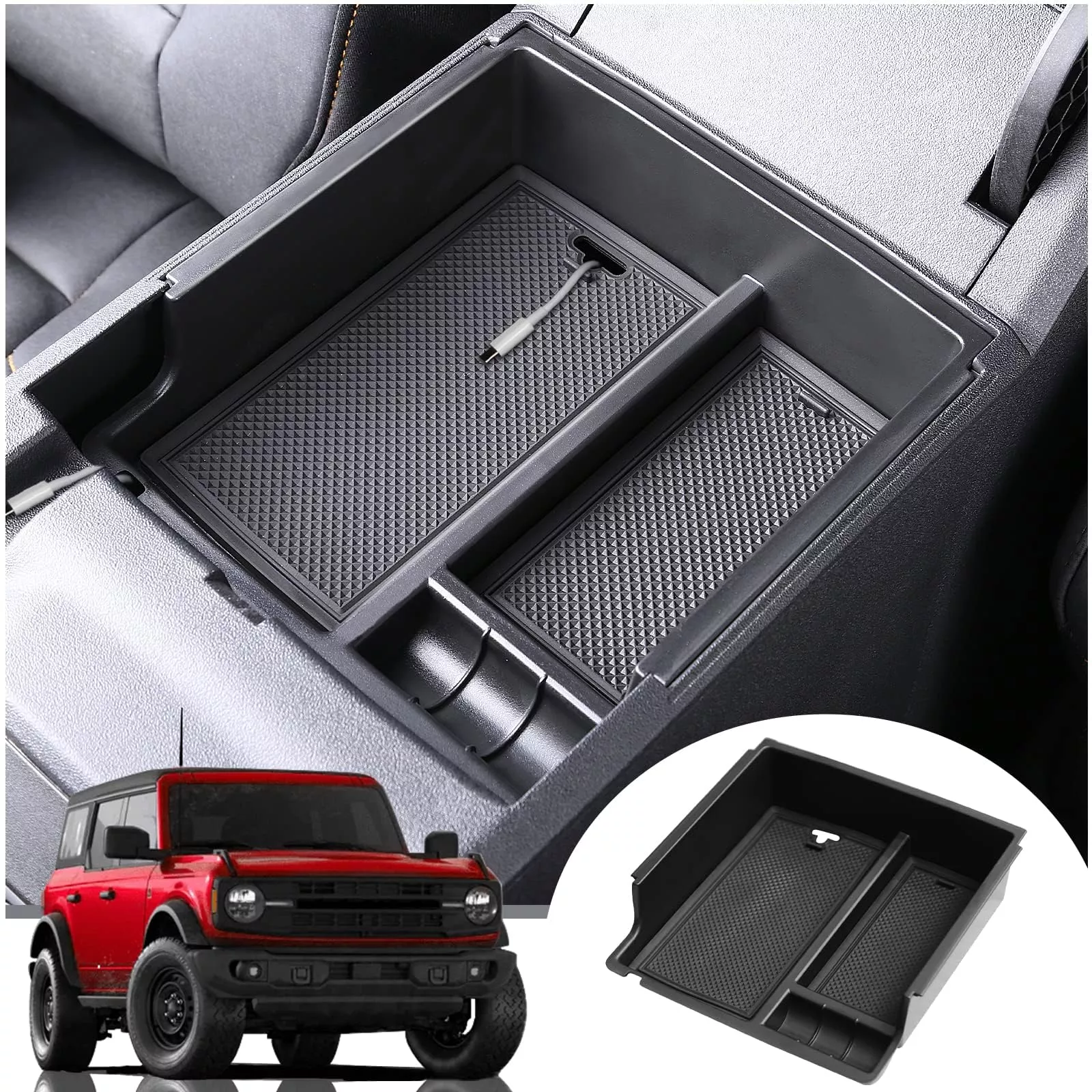 Mabett Center Console Organizer Compatible With Ford Bronco 2021 2022 2023 2024, Armrest Storage Box Fit Bronco Accessories 2/4-Door, Insert Upper Tray Black