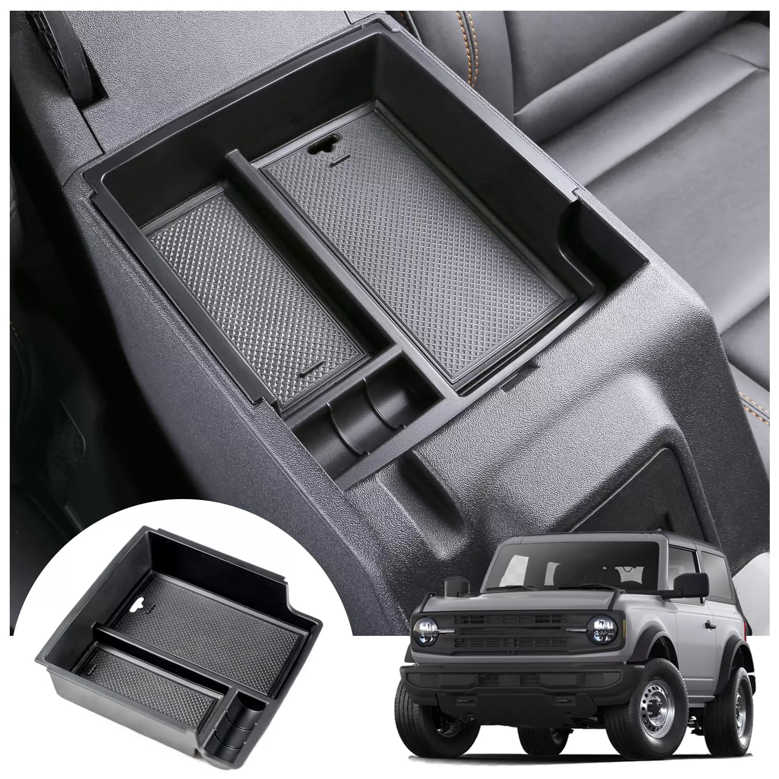 Mabett Center Console Organizer Tray for Ford Bronco 2021-2024, Rubber Armrest Storage Insert with Non-Slip Mat, Upper Tray