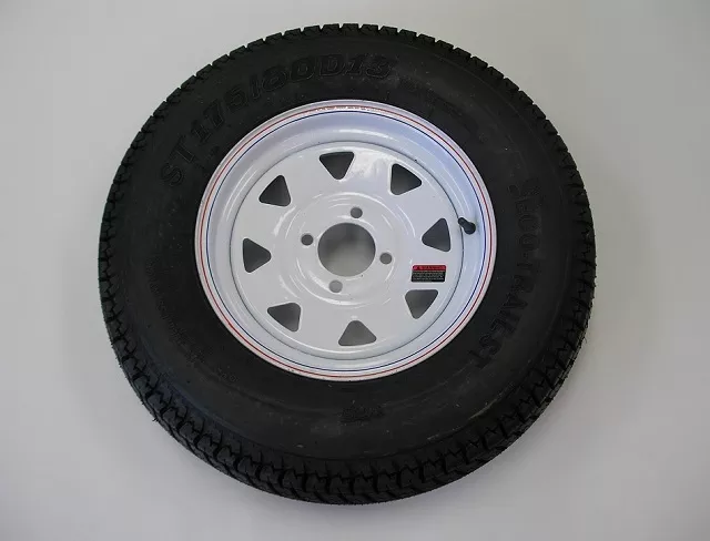 Mounted – ST175/80D13 on 13″ x 4.5″ JJ White 8 Spoke Wheel – 4 on 4″