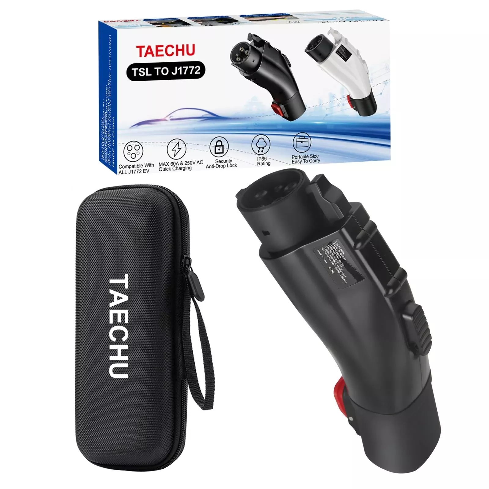 [Only For J1772 Ev Use] Tesla To J1772 Adapter, Max 60 Amp & 250V, Taechu J1772 Ev Charging Adapter With Anti-Drop Lock, Compatible With Tesla Wall/Destination/Mobile Chargers(With A Storage Box)