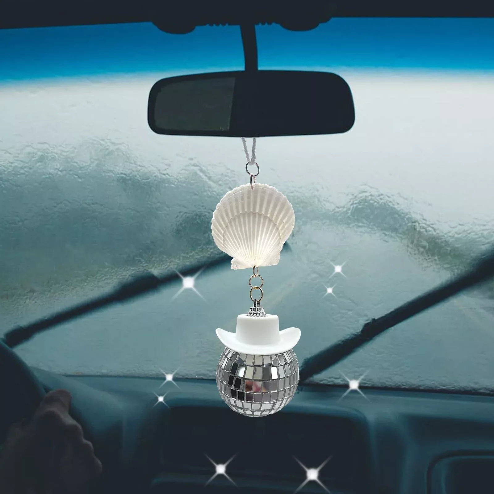 Spansee Beachy Decor Car, Disco Ball Car Mirror Ornament, Shell Decor, Seashell Charm, Coastal Cowgirl For Rear View Mirror, Cowboy Hat Accessory