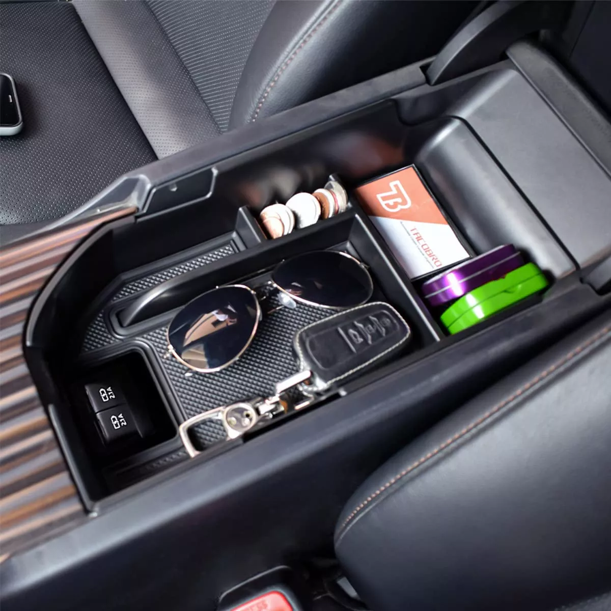 TACOBRO Center Console Organizer for Camry XLE/XSE 2018-2023, Armrest Storage Box, Rubber, Black Trim, Fits Dual USB Ports