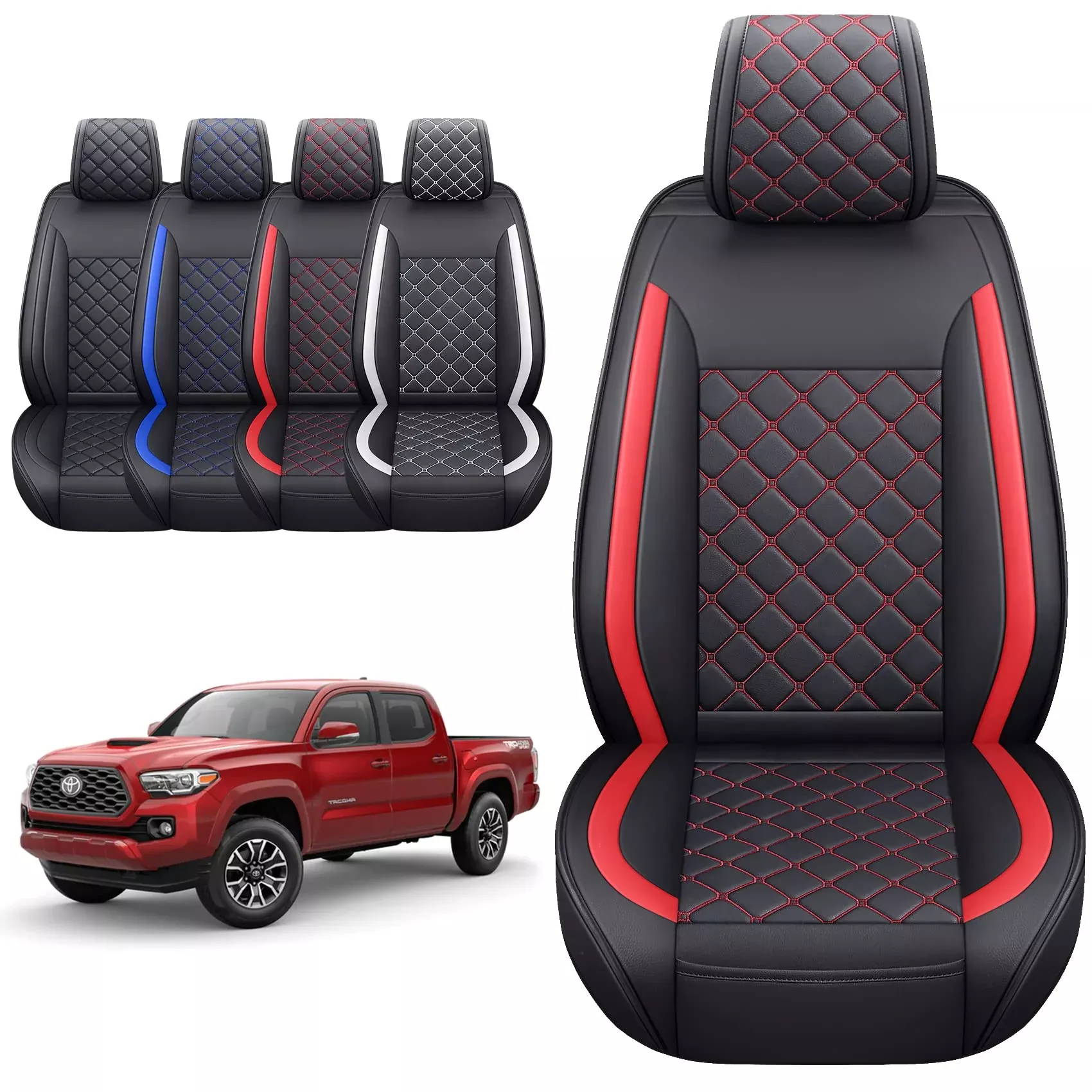 Tomatoman Customized Tacoma Seat Covers, Waterproof Faux Leather, Front Size, Black-Red, Model QS-XTTKM-QP-BLACK-RED (2 PCS)