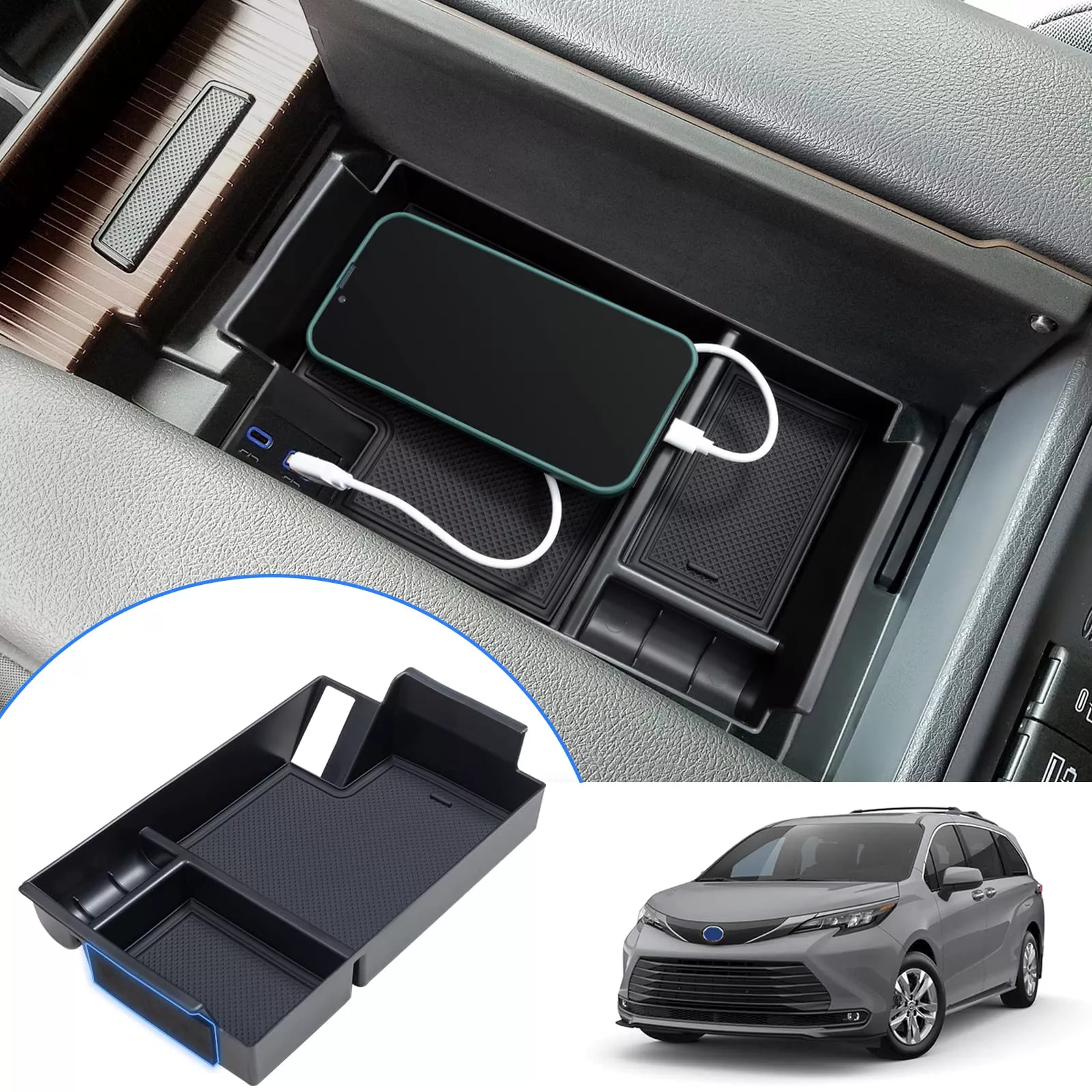 Topinstall Console Organizer Compatible With 2021-2025 Toyota Sienna, Armrest Box Secondary Storage Center Console Tray Coin Container Abs Plastic