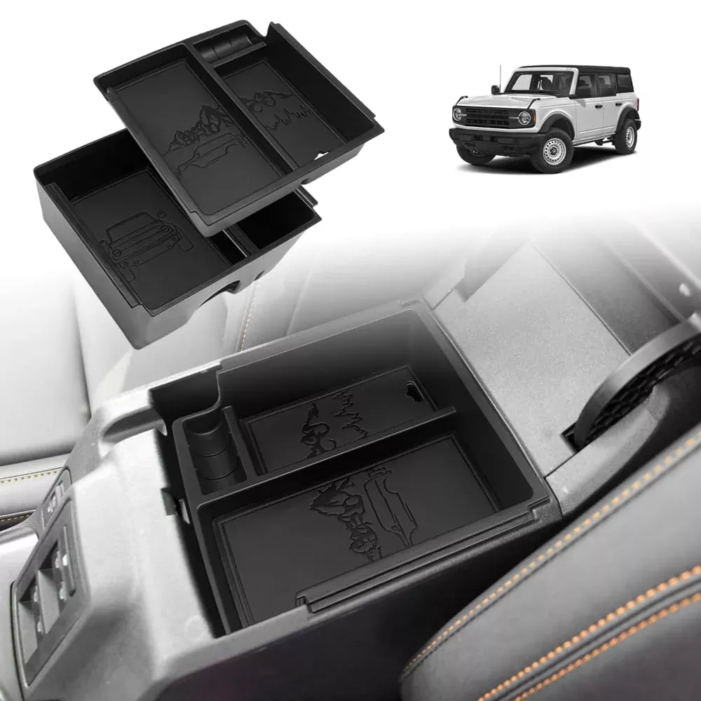Triplealiners Center Console Organizer Compatible With 2021-2024 Ford Bronco(No For Sport) Accessories 6Th Gen Bronco 2/4-Door Center Console Storage Box Abs Material With Leather Trim(V2_Black)