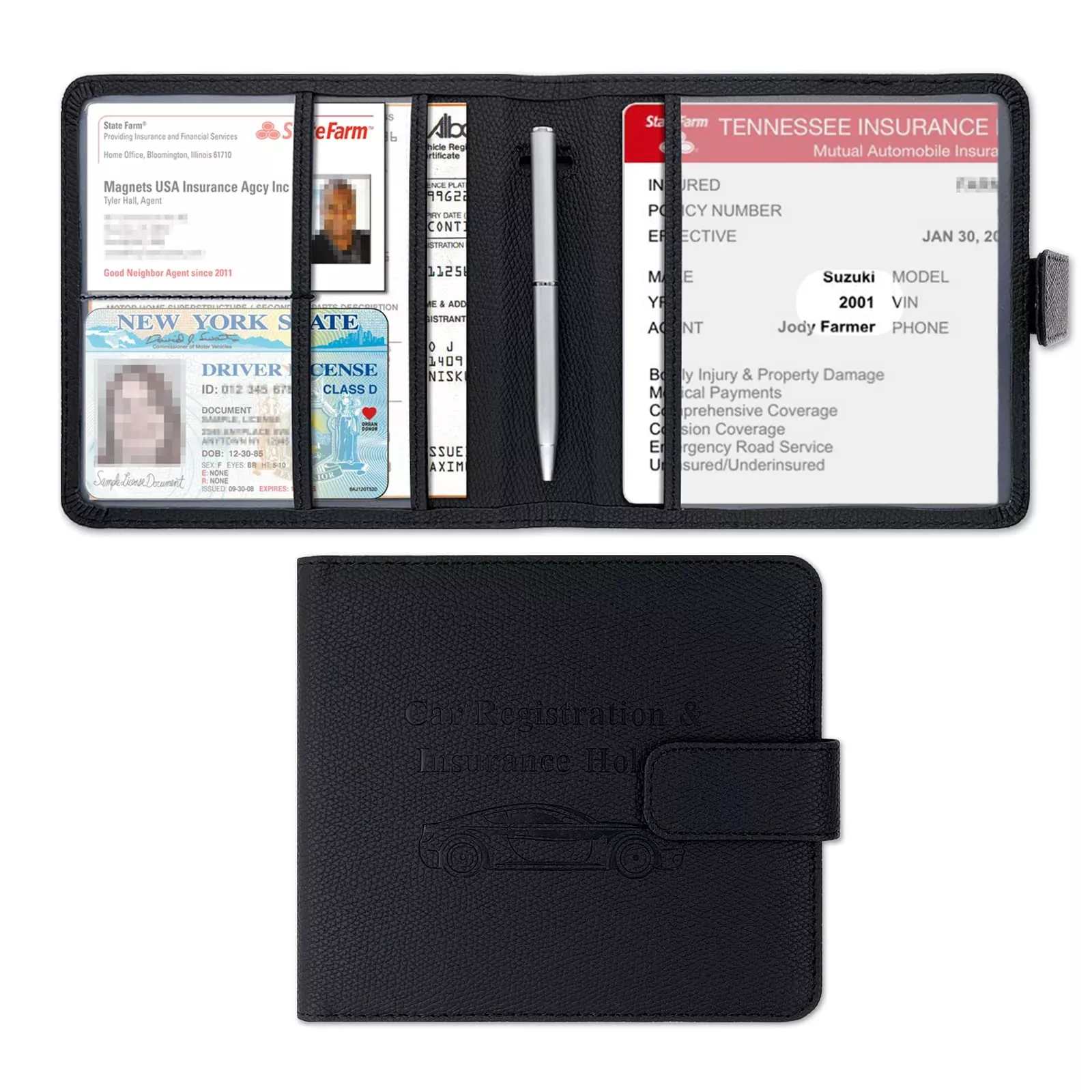 Yaviv Car Registration And Insurance Holder, Premium Leather Car Document Organizer Cool Car Accessories For Cards, Essential Document And Driver License, Black Glitter